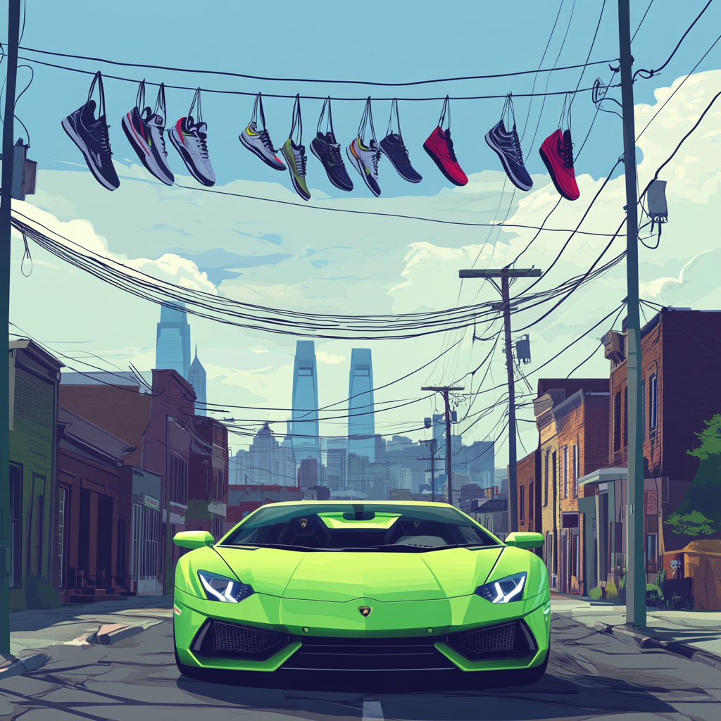 Vector design of green Lamborghini in Philadelphia with skyline view.