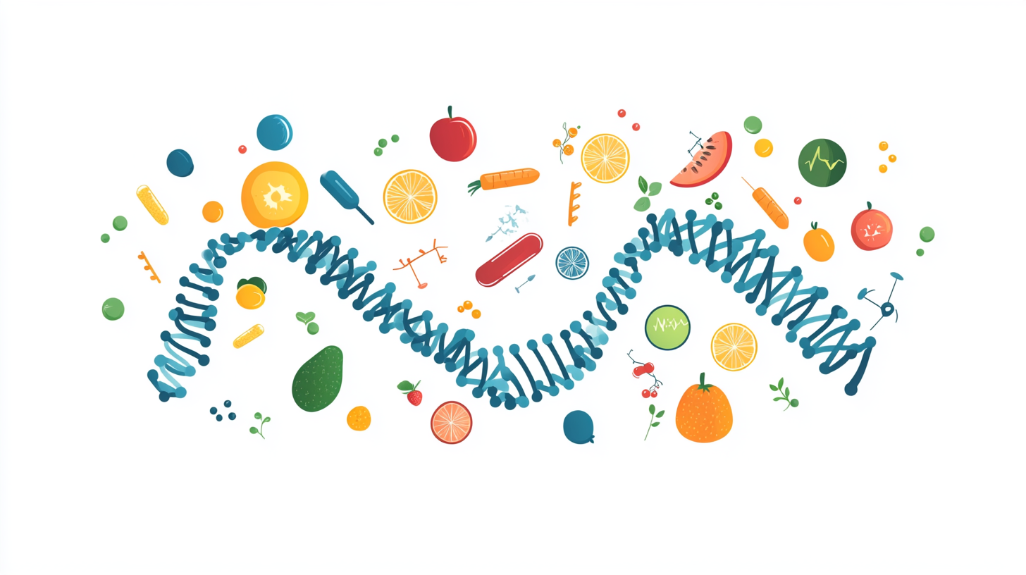 Vector illustration of DNA merging with fresh foods.