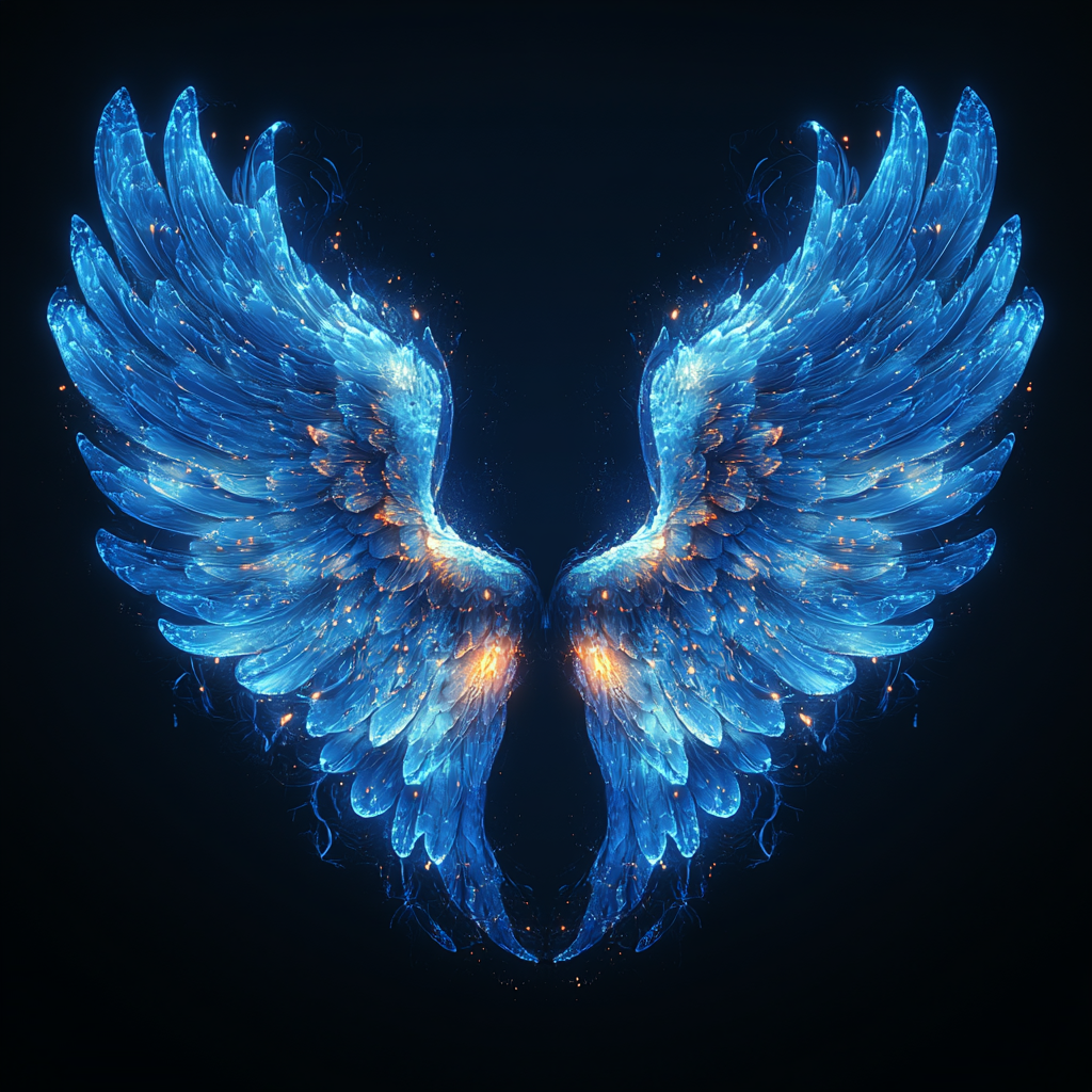 Vector illustration of glowing angel wings on black background.