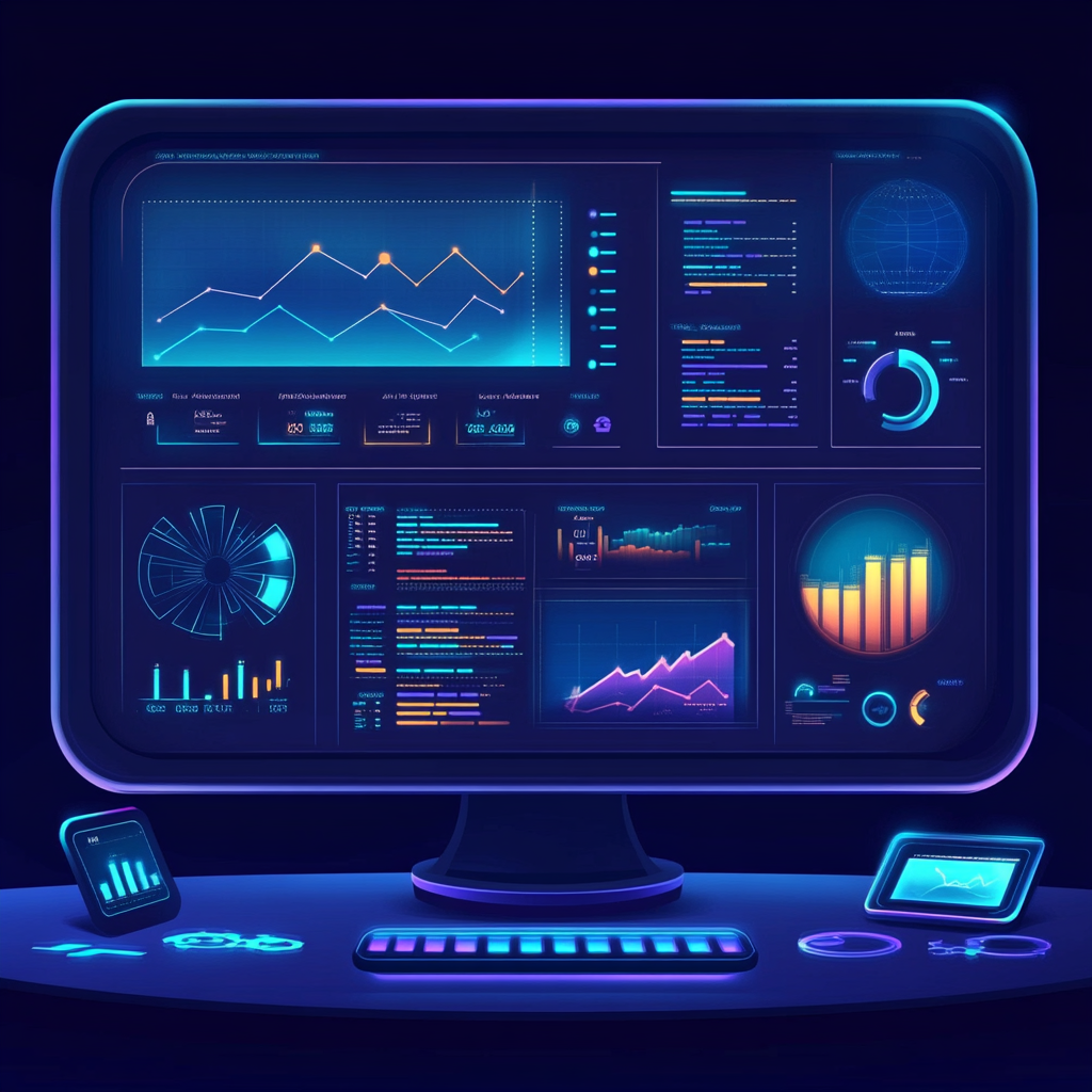 Vector illustration of intuitive dashboard with progress graphs, client data.