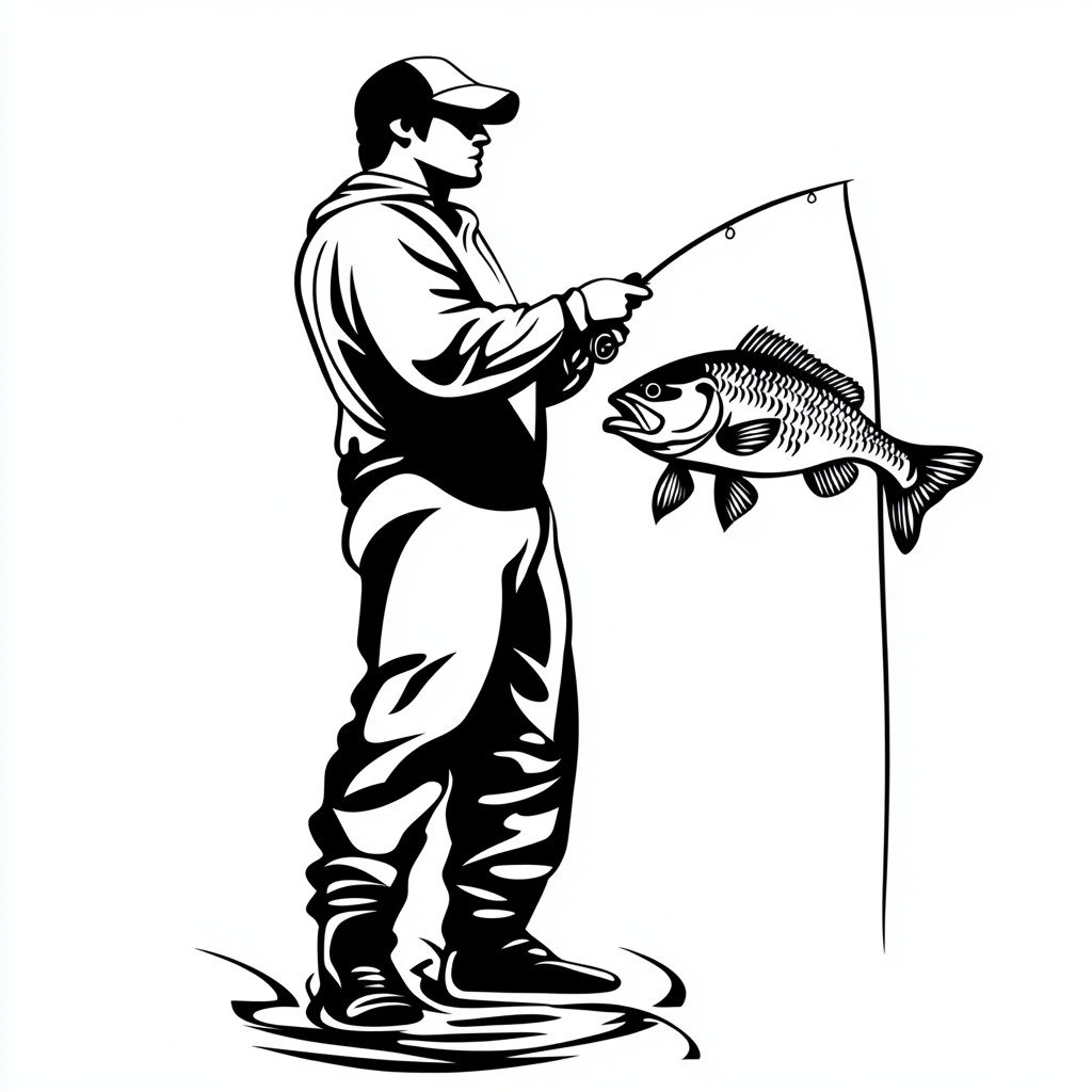 Vector illustration of man fishing with Bass catch.