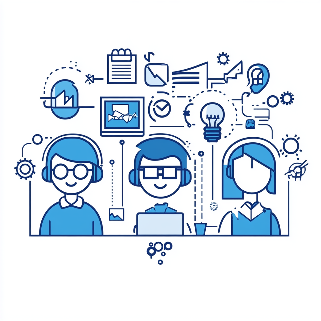 Vector illustration of technical support team, marketing assistance icons.