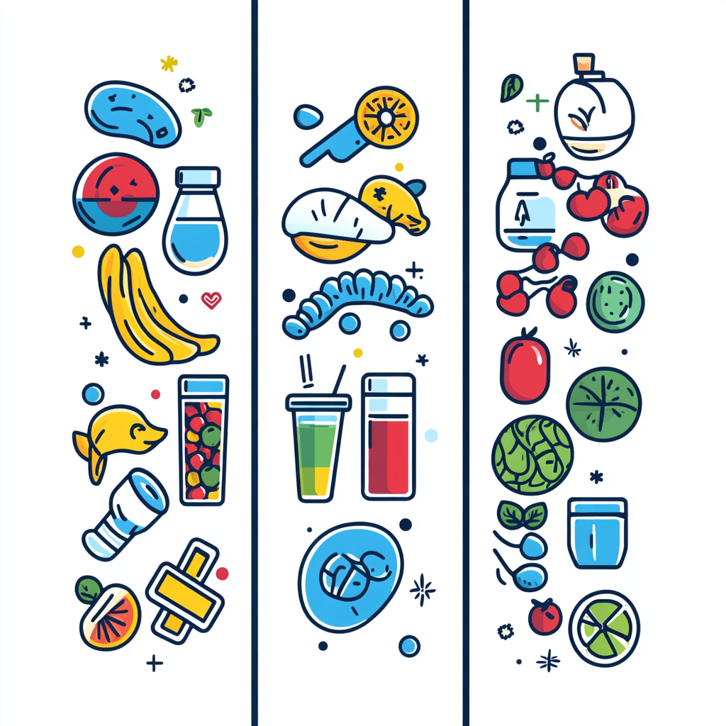 Vector illustration of three nutrition programs with health,energy,wellbeing icons on white background.