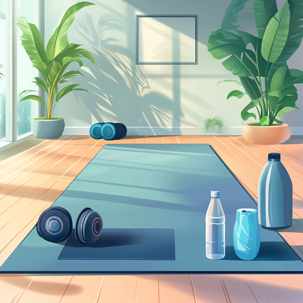 Vector living room scene with exercise mat and headphones.