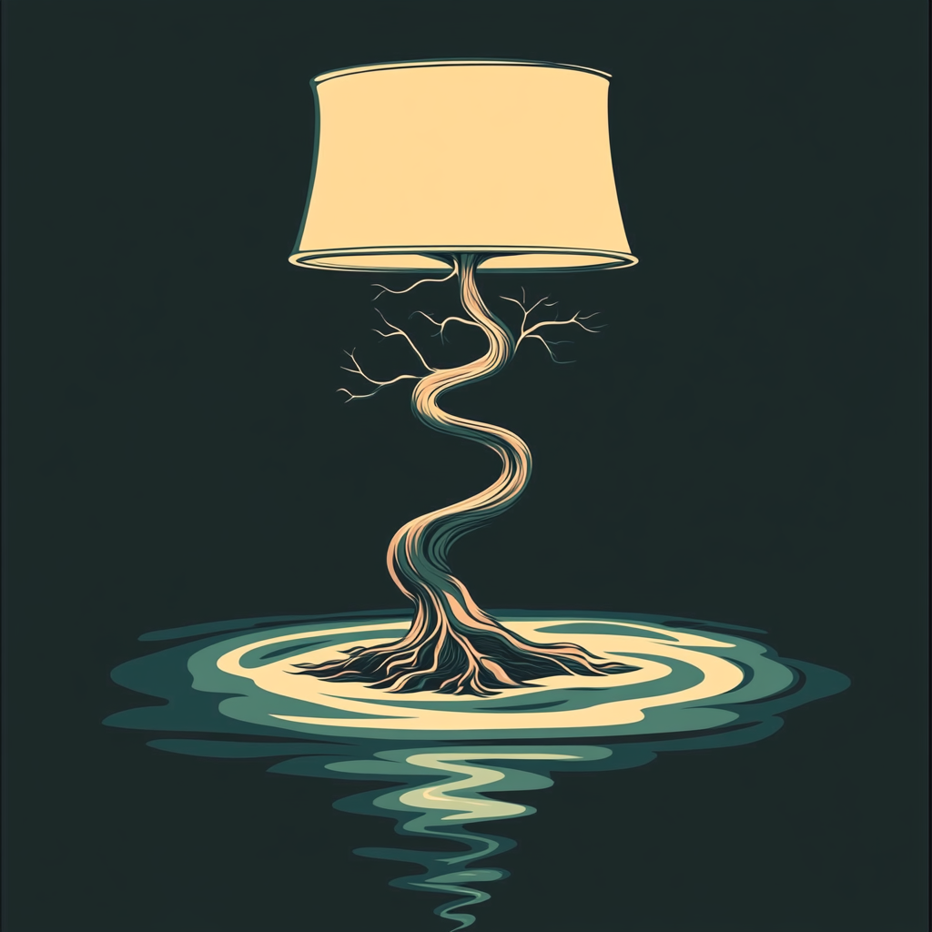 Vector logo depicts lamp with tree roots pedestal.