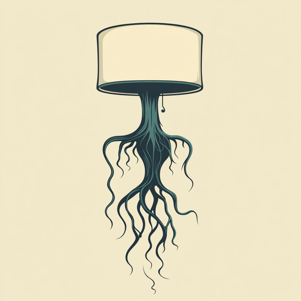 Vector logo lamp with tree roots pedestal, ecru lampshade.