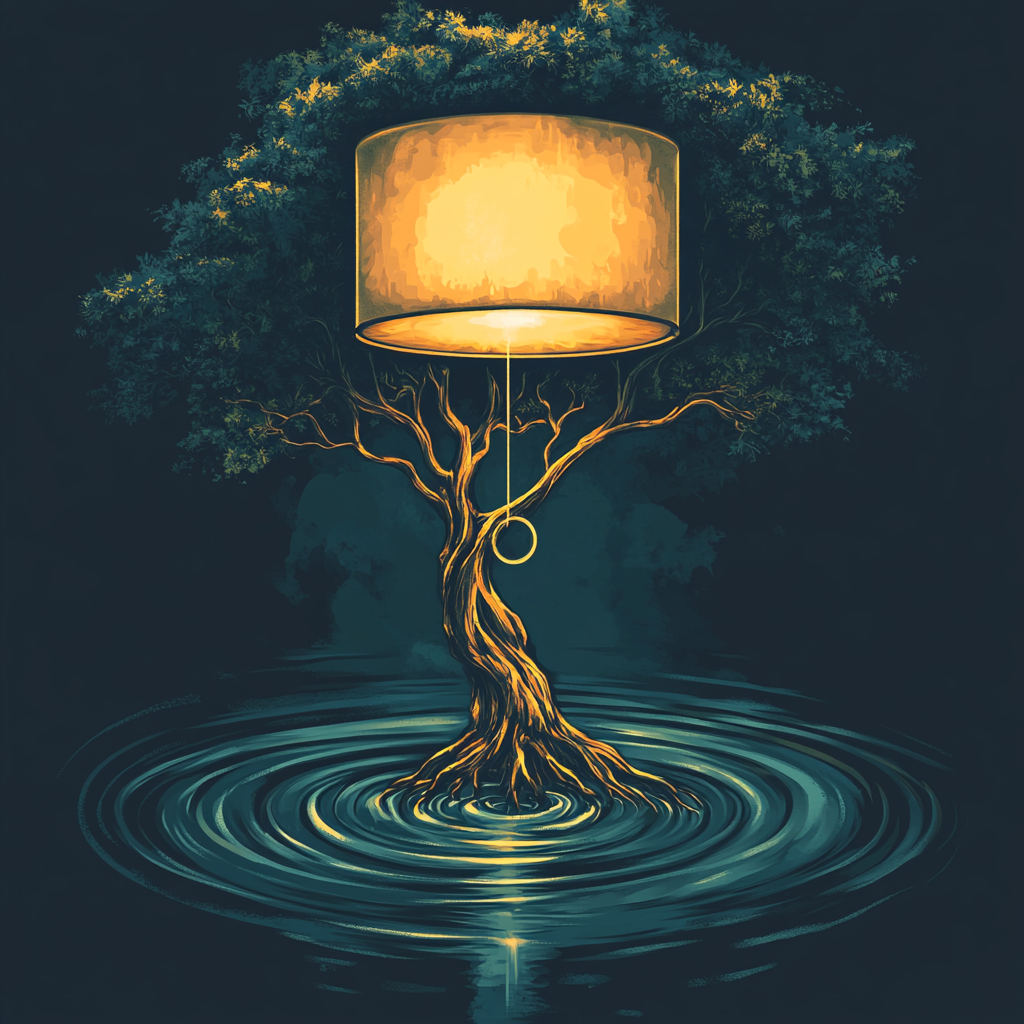 Vector logo of lamp with tree pedestal, water spiral.