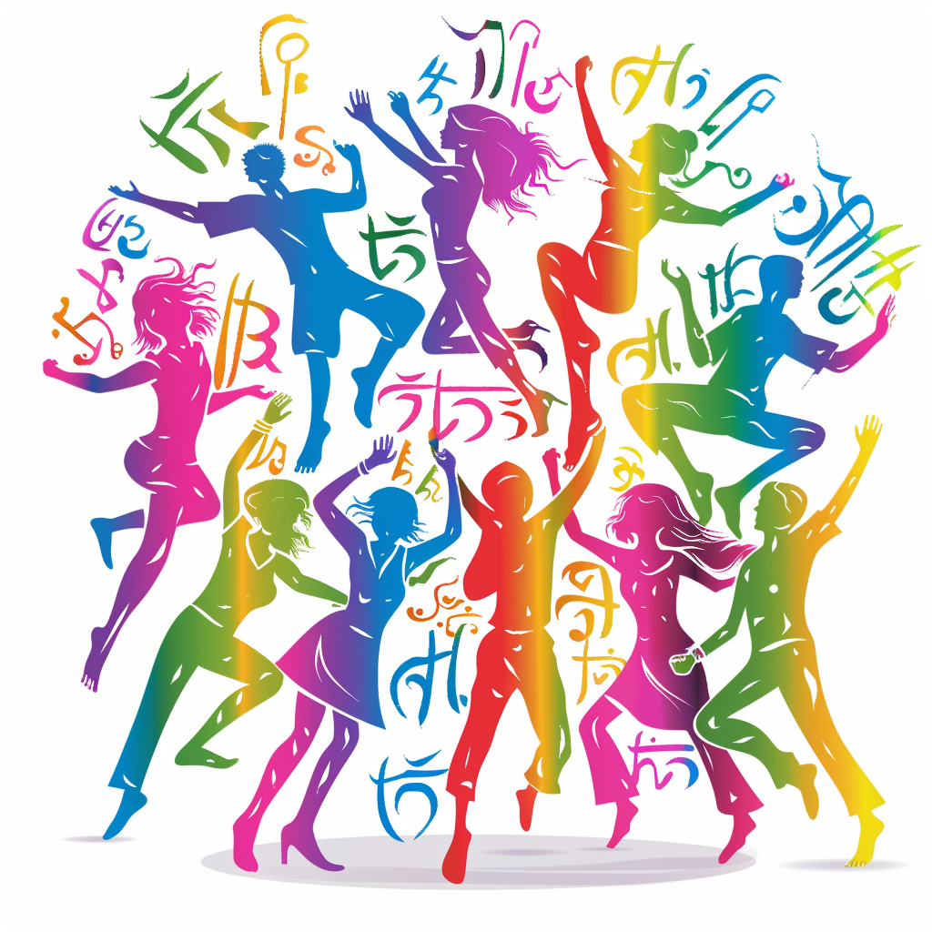 Vector logo with Hindi symbols, people dancing at rave.