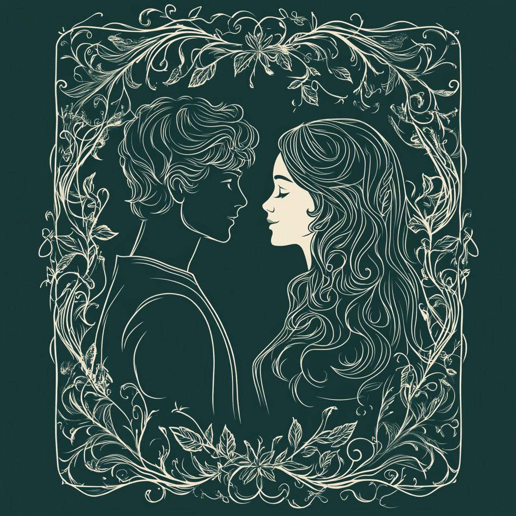 Vector style playing card design with ornate vines. Two 20s couple profiles, dark hair, nose sizes.