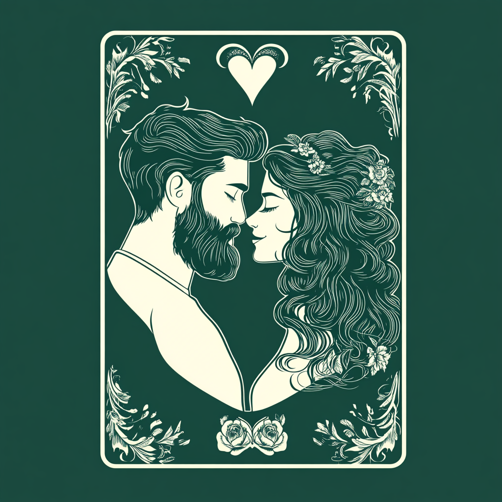 Vector style playing card: green with couple in love.