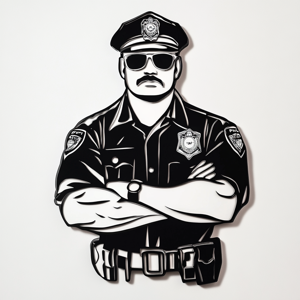 Vector-style police officer metal wall art in black and white.