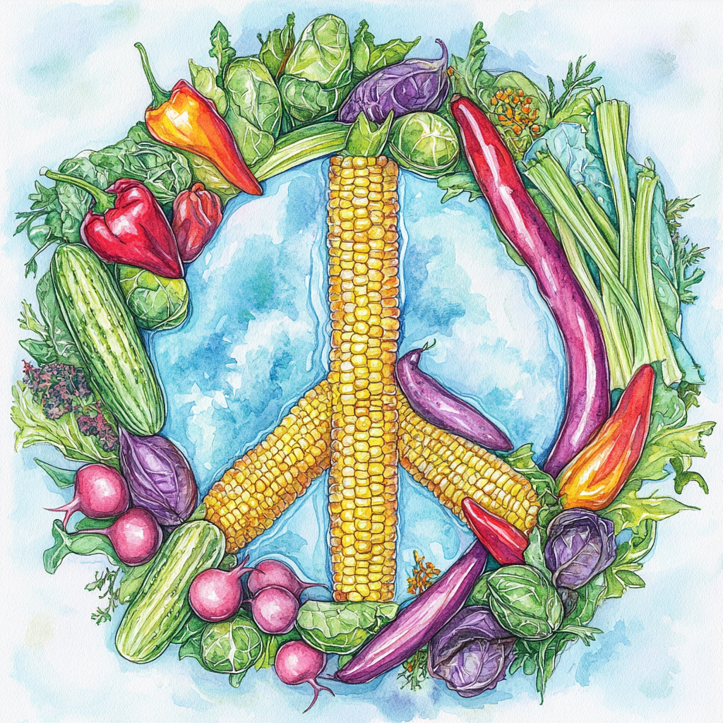 Vegetable peace sign illustration: radishes, corn, cucumbers.