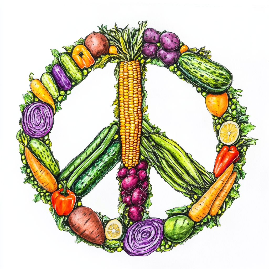 Veggie peace sign with vivid water color accents.