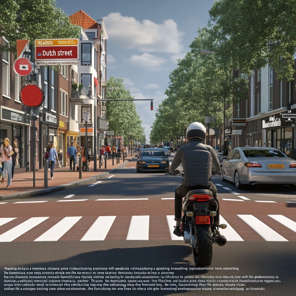 Vehicle stop at Dutch zebra crossing, pedestrians cross safely.