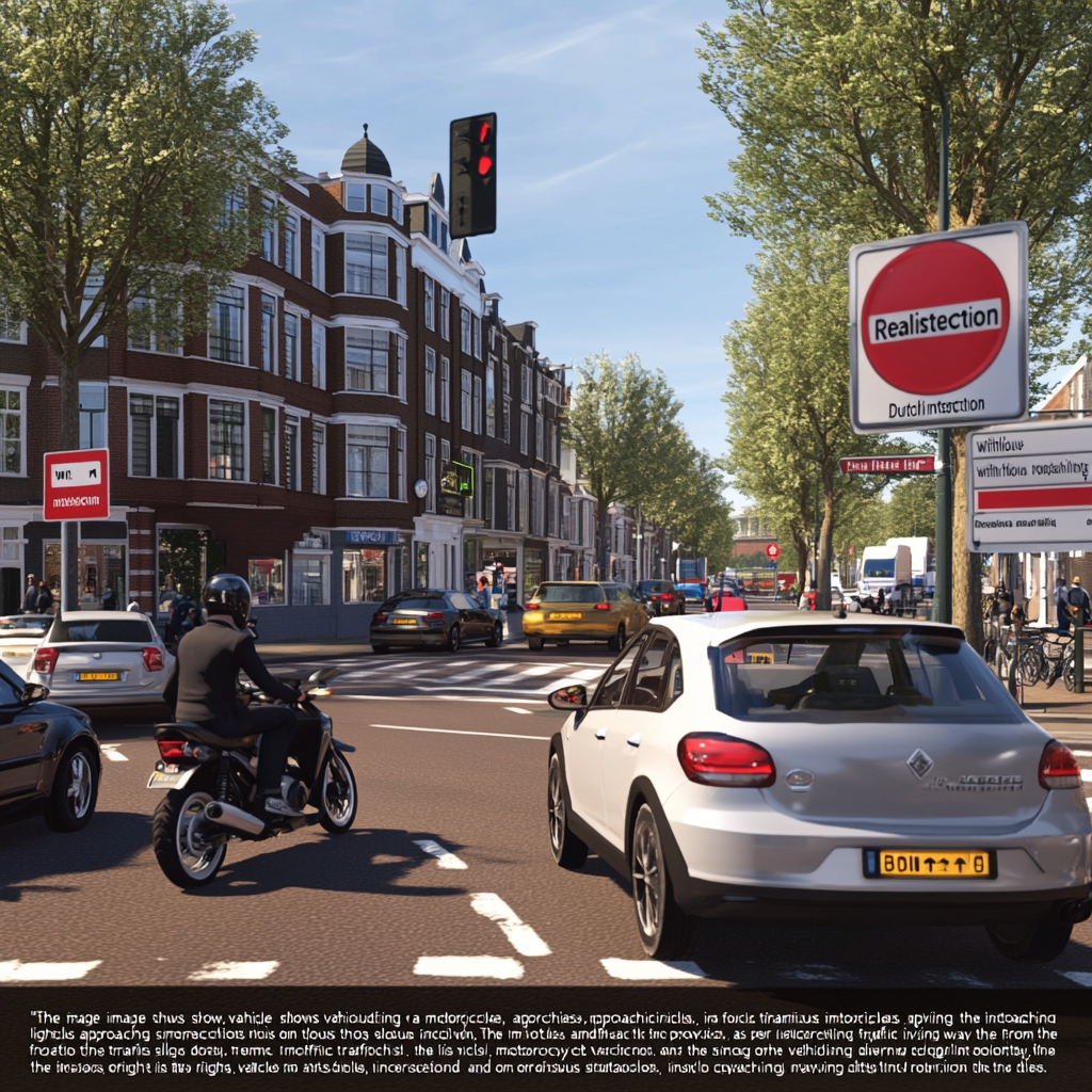 Vehicles giving way at Dutch intersection without traffic lights.