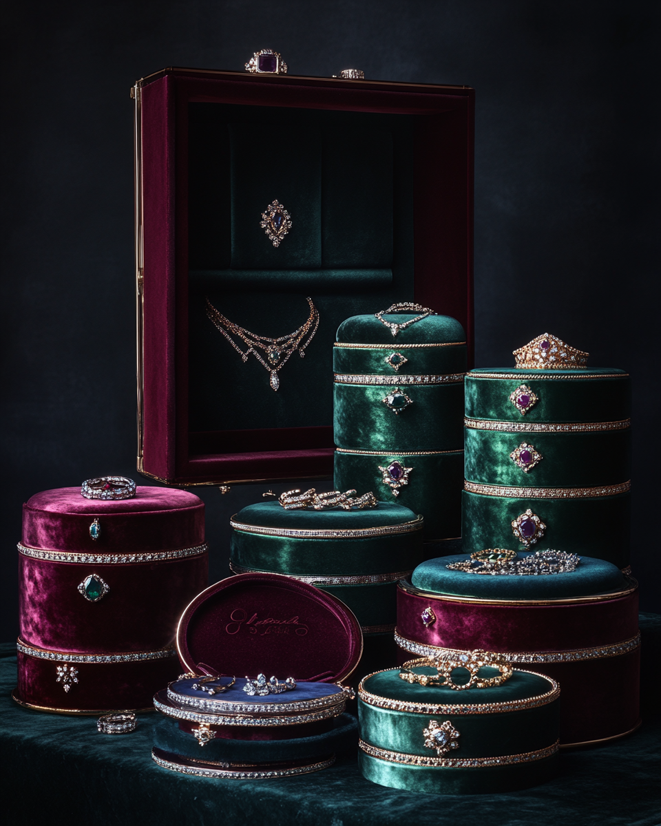 Velvet jewelry boxes with sparkling gemstones on display