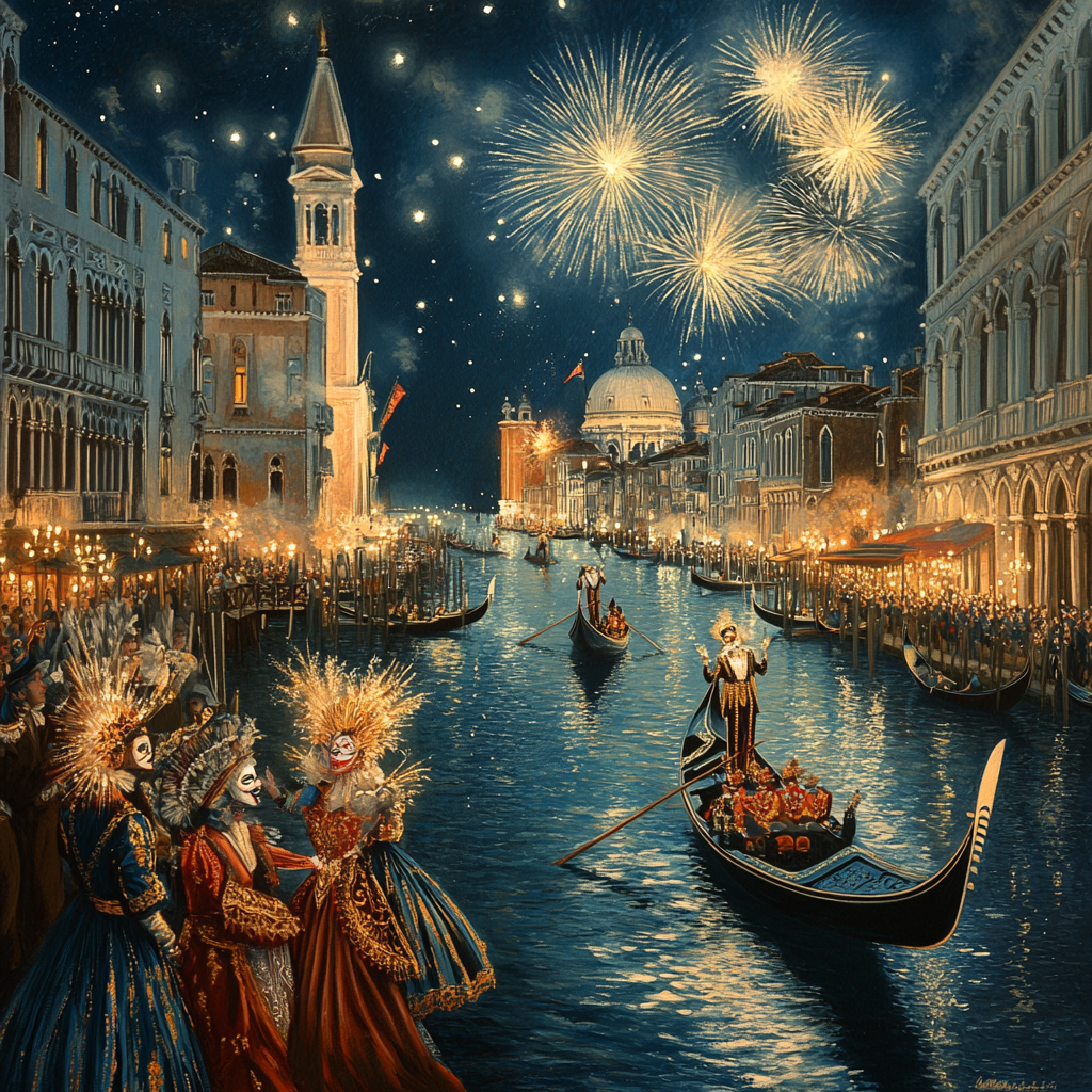 Venetian Carnival Night Scene with Masked Revelers, Gondolas, Fireworks