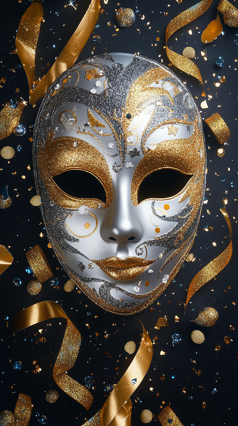 Venetian carnival mask with glitter, gold foil, confetti, streamers