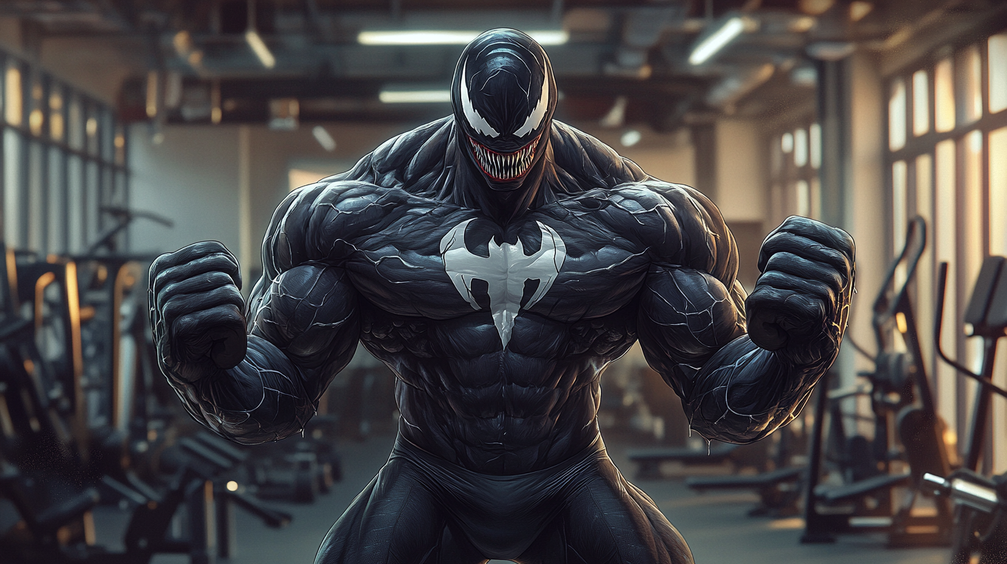 Venom's Strong Muscles in Gym with Dumbbells