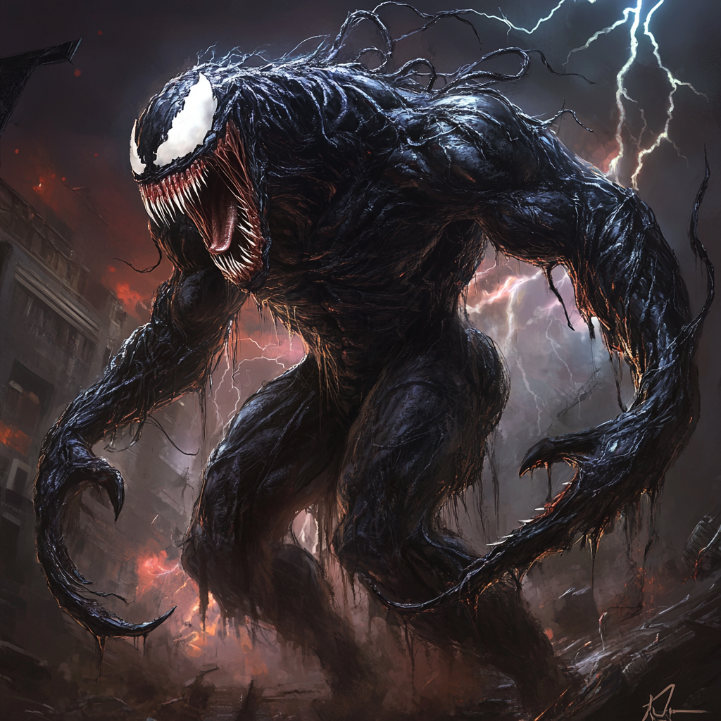 Venom-Godzilla hybrid monster with sharp teeth and glowing eyes.