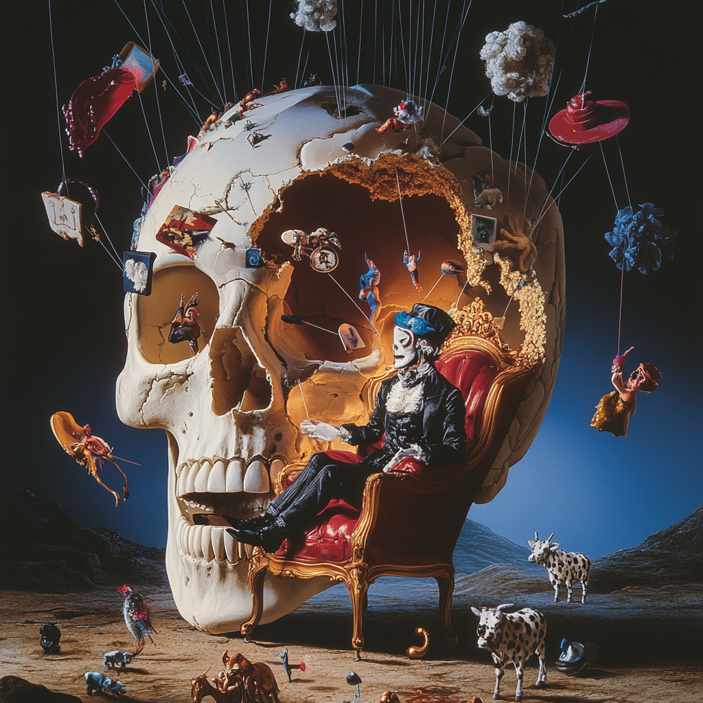 Ventriloquist controls floating objects inside giant skull. Surreal chaos.