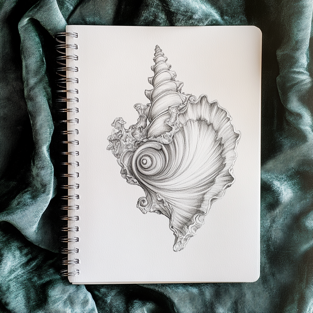 Venus-inspired art nouveau pendant sketch on spiral notebook