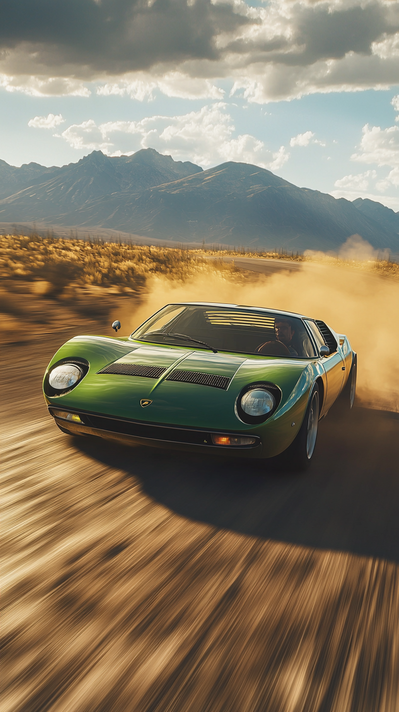 Verde Miura Lamborghini racing in desert, dust clouds.