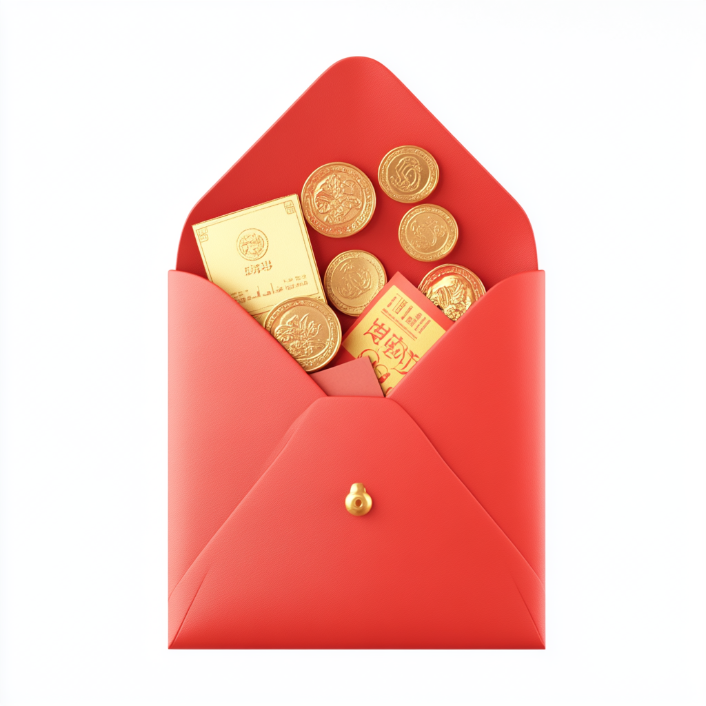 Vertical Chinese Red Envelope with Vouchers and Coins