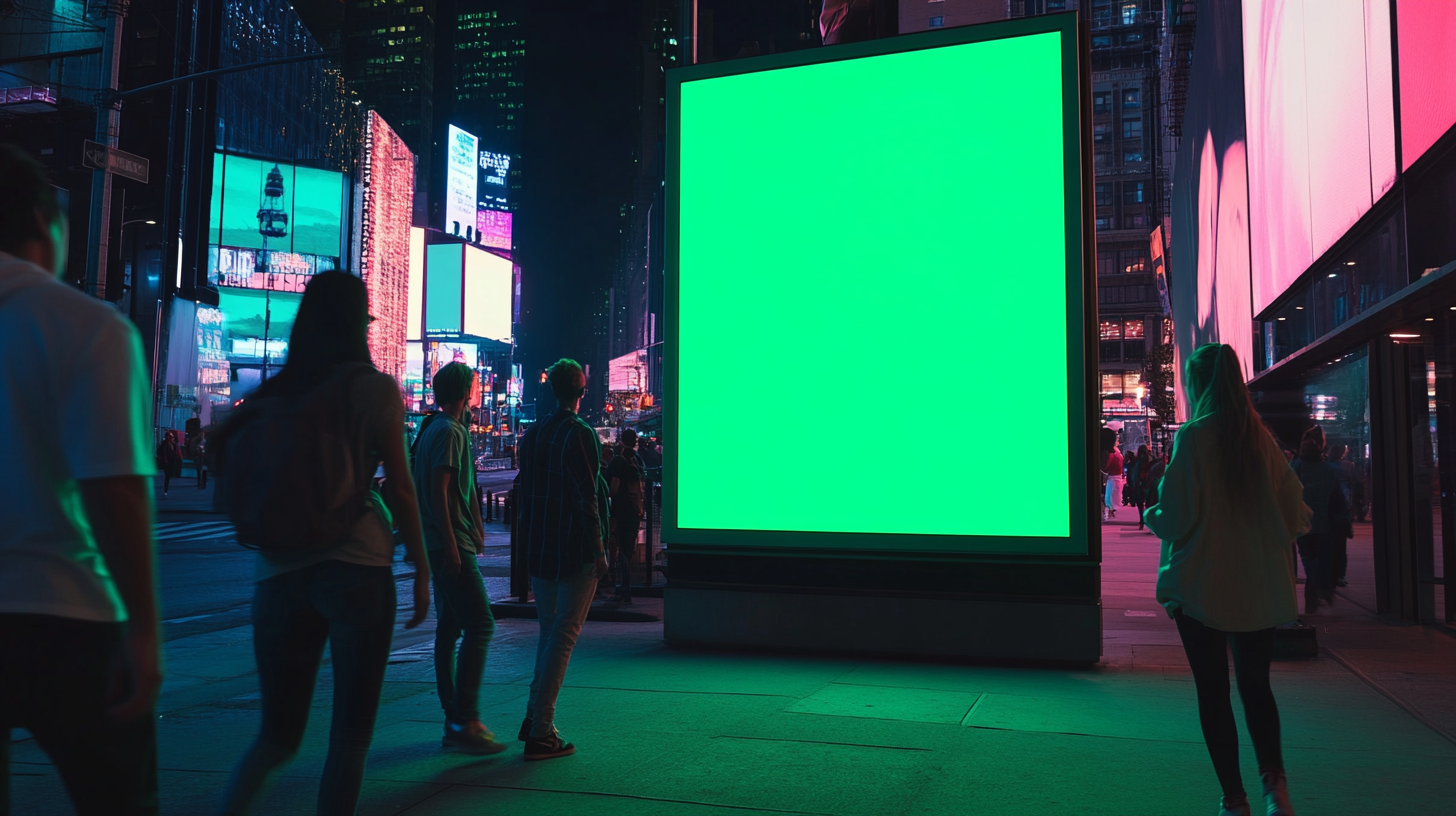 Vertical billboard in NYC nightlife with green inside color.