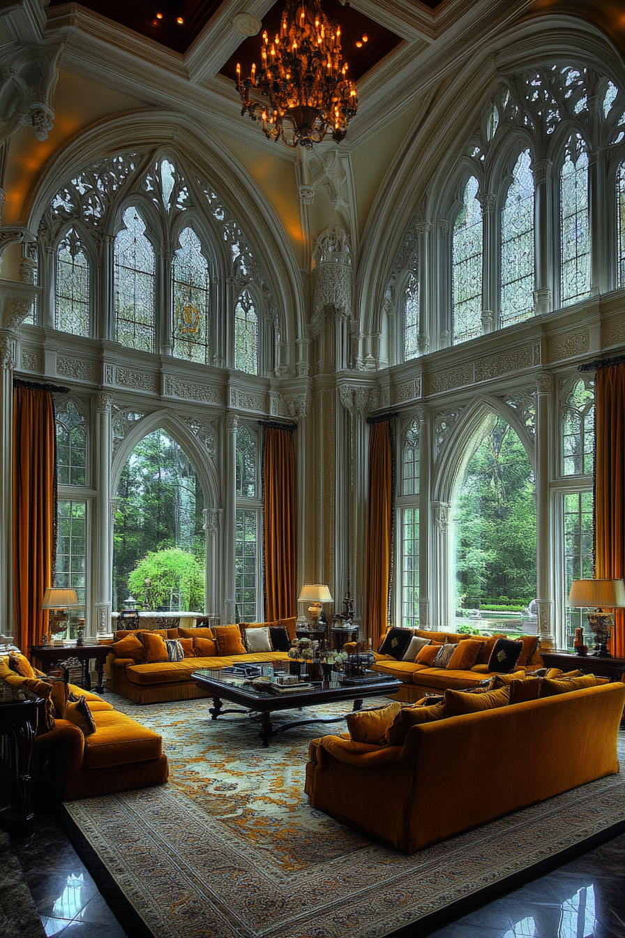 Vertical grandeur and architectural detail highlight ornate furnishings.