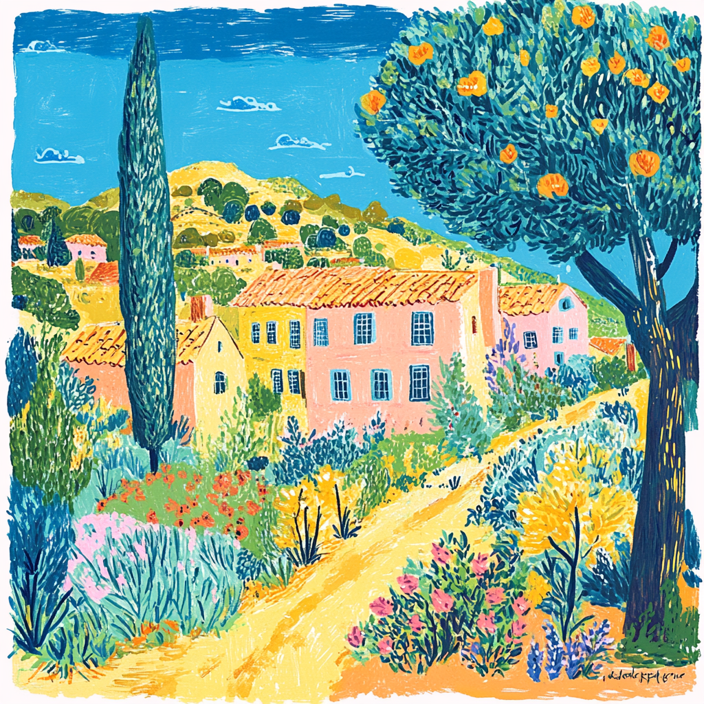 Very colorful risograph print of a Provencal village.