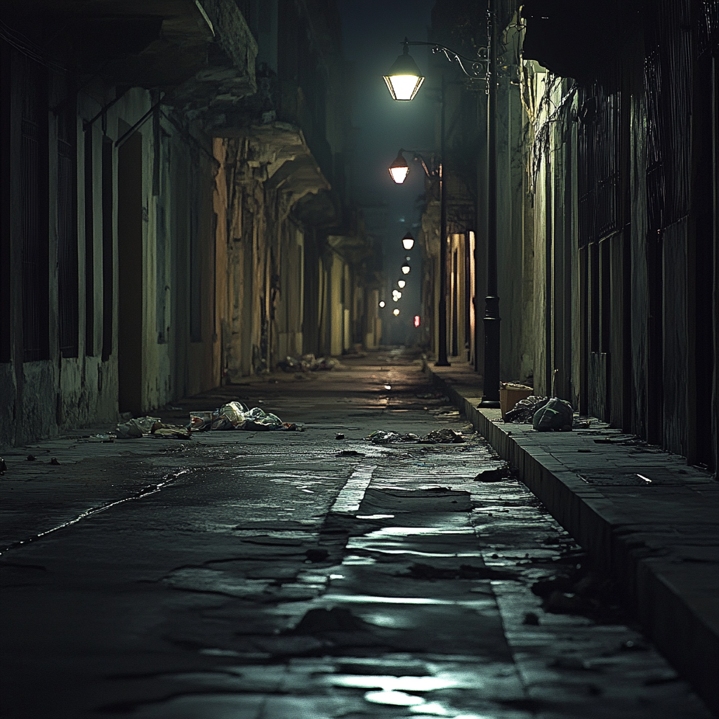 Very long street with dim lanterns, gloomy atmosphere.