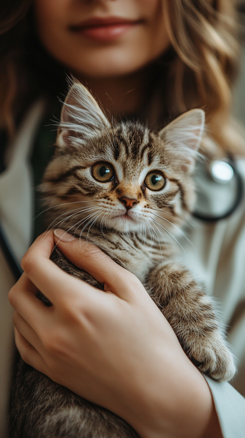 Vet examines kitten, takes photos in clinic setting