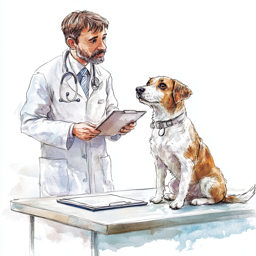 Veterinarian examines dog on medical table, white background.