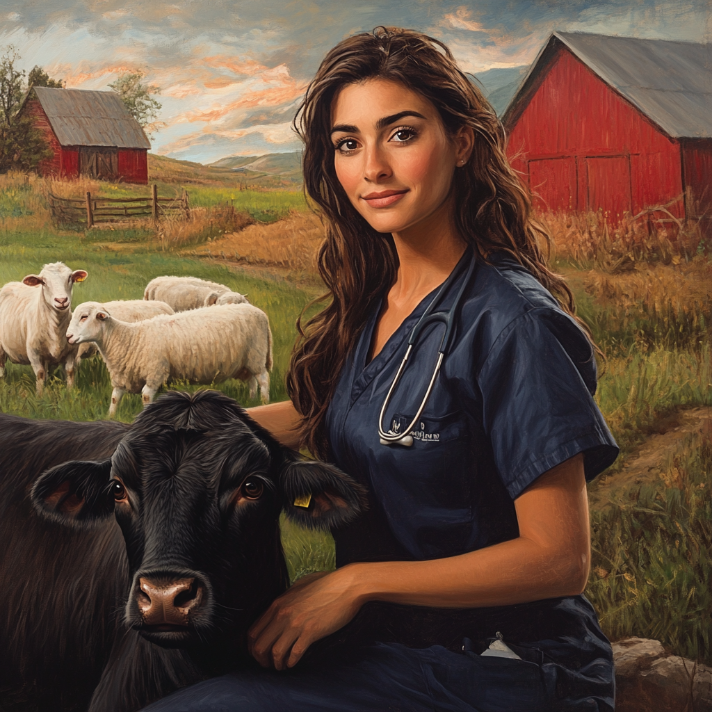 Veterinarian in blue scrubs pets cow on farm ranch.