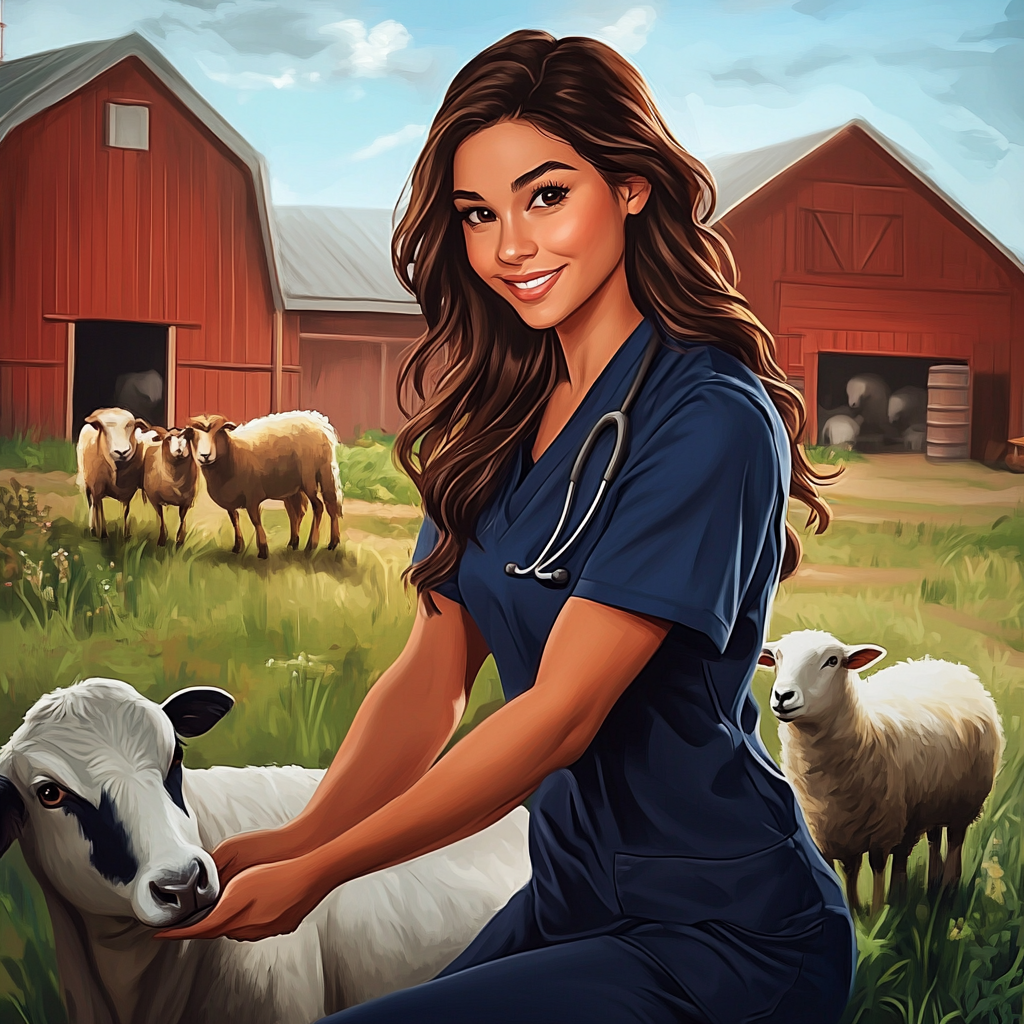 Veterinarian woman in blue scrubs petting cow, goat, sheep.