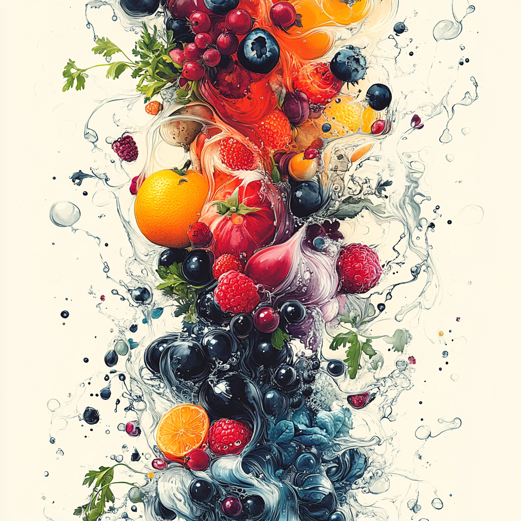 Vibrant, imaginative vegetable illustration for acid-base table cover.