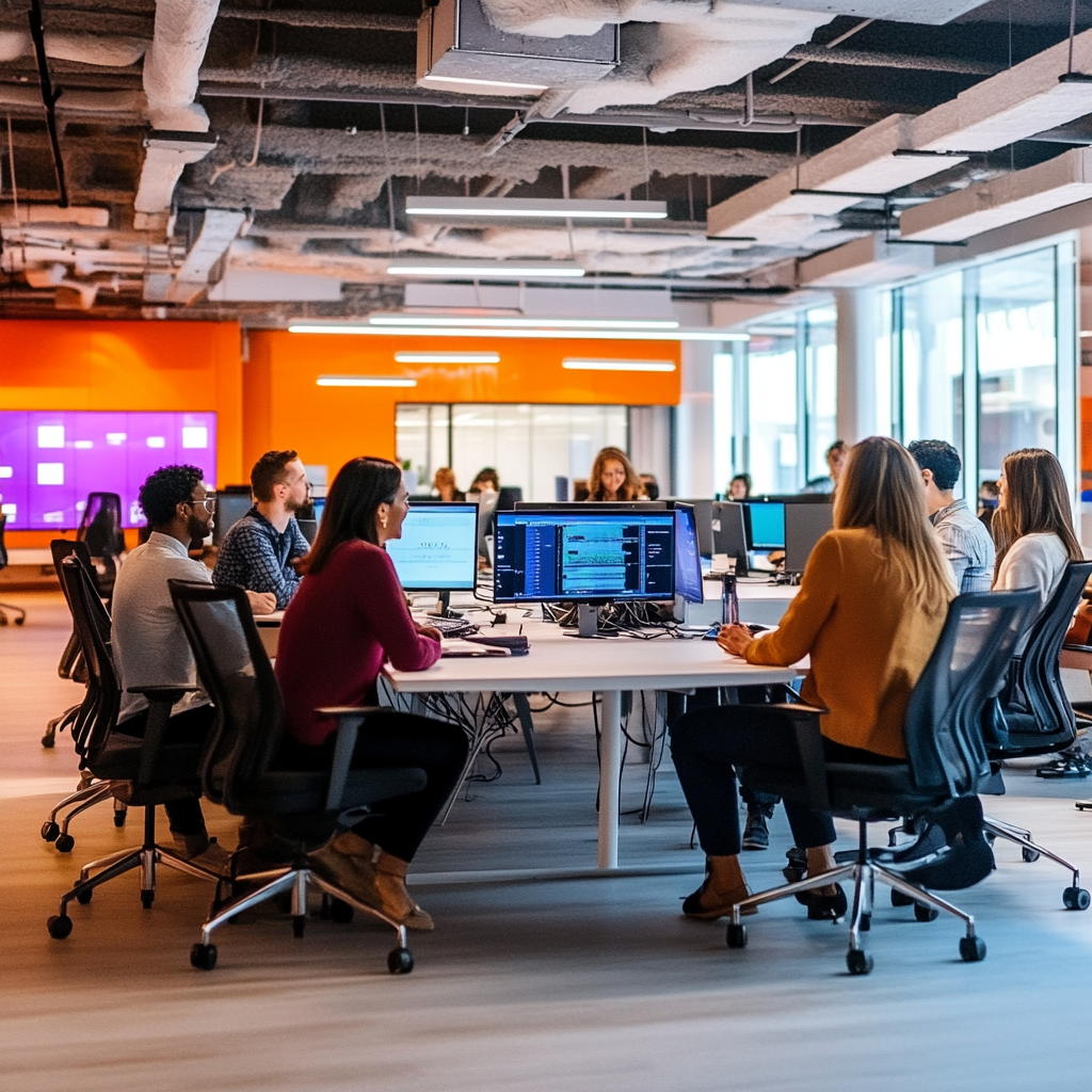 Vibrant, modern tech office with enthusiastic employees collaborating.