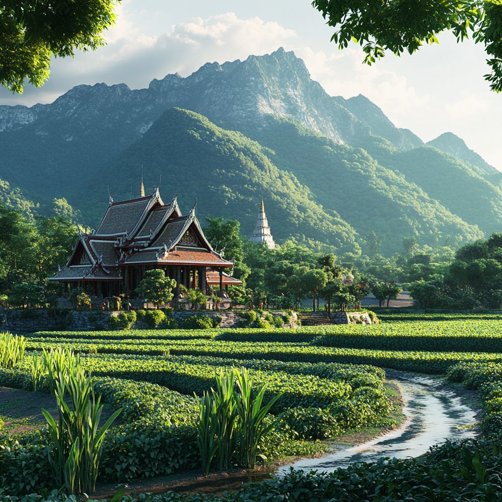 Vibrant 3D Thai landscape with green fields.