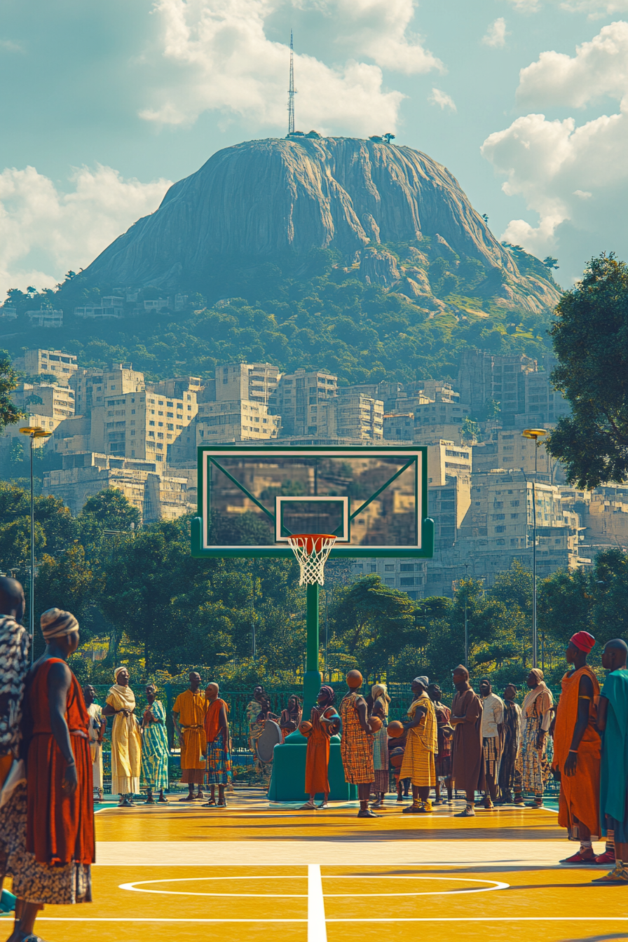 Vibrant Abuja basketball court with Aso Rock backdrop.