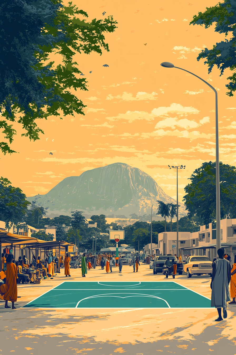 Vibrant Abuja scene with Nigerian flag-inspired basketball court.