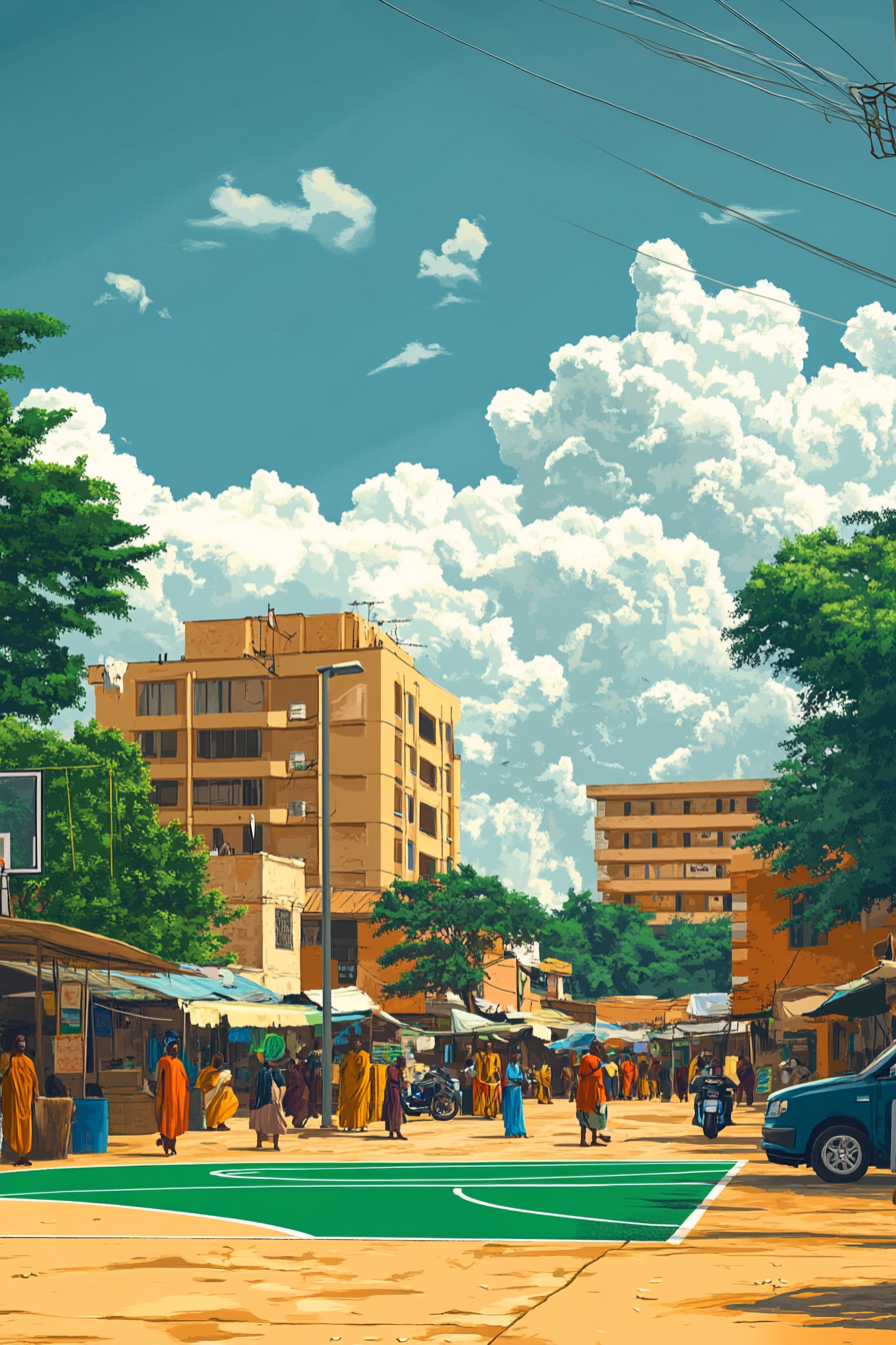 Vibrant Abuja scene with traditional clothing and modern buildings.