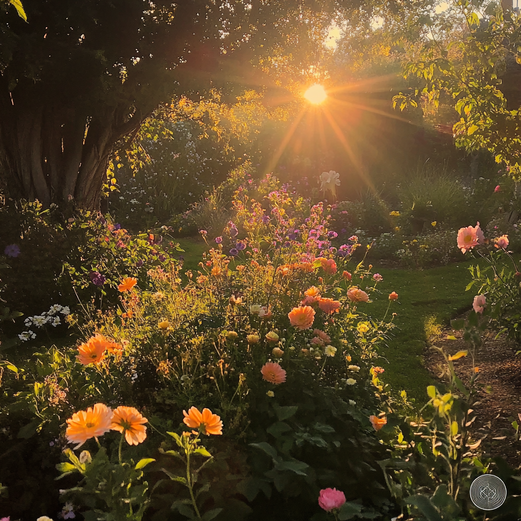 Vibrant Blooming Garden at Sunrise, iPhone 15 Pro Photo