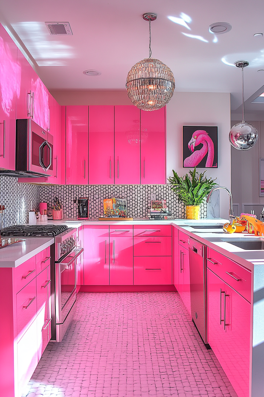 Vibrant Flamingo Pink Eclectic Kitchen with Artistic Atmosphere