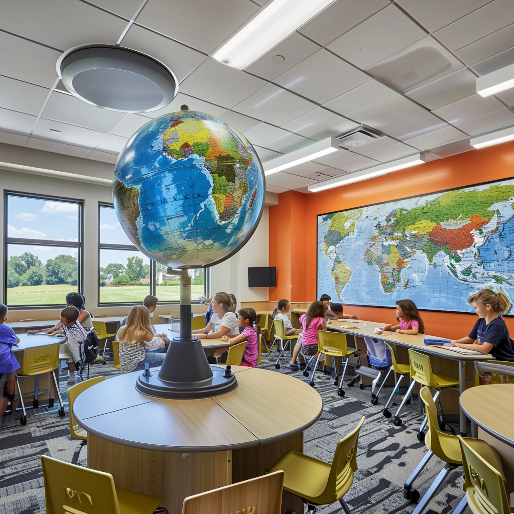 Vibrant Geography Classroom with Interactive Globe and Colorful Maps