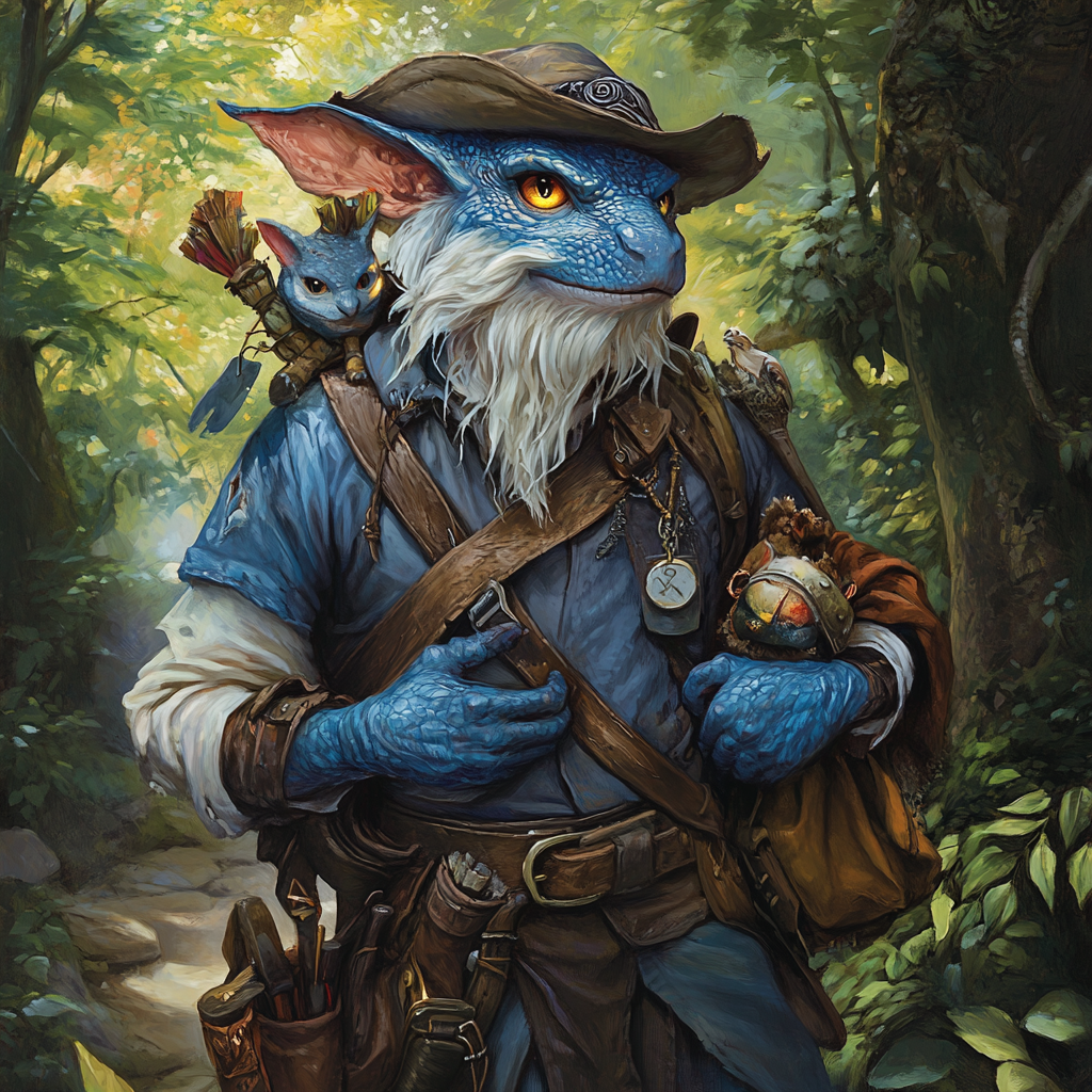 Vibrant Kobold Bard with puppets and loyal mastiffs in forest.