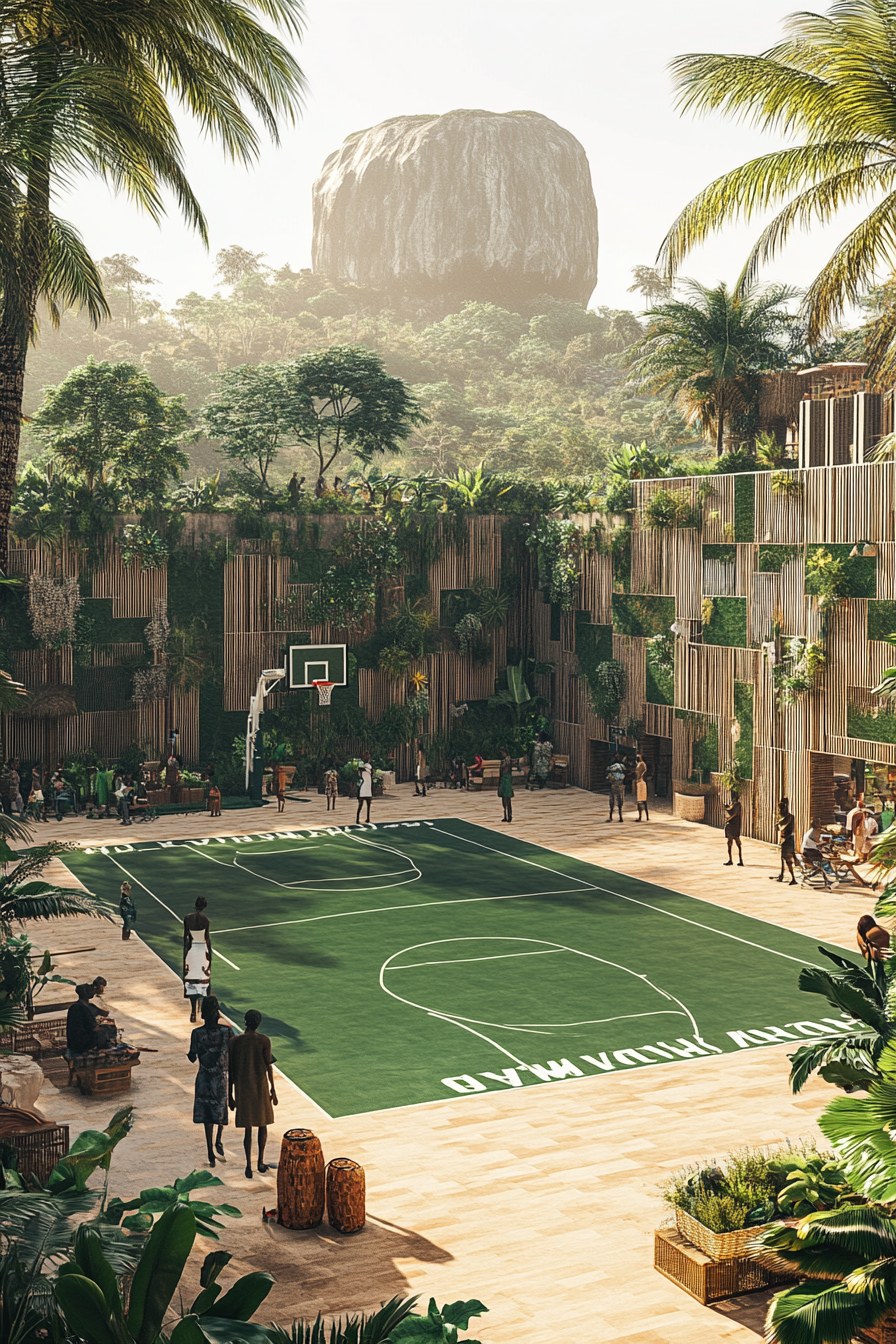 Vibrant Lagos basketball court with Nigerian cultural details.