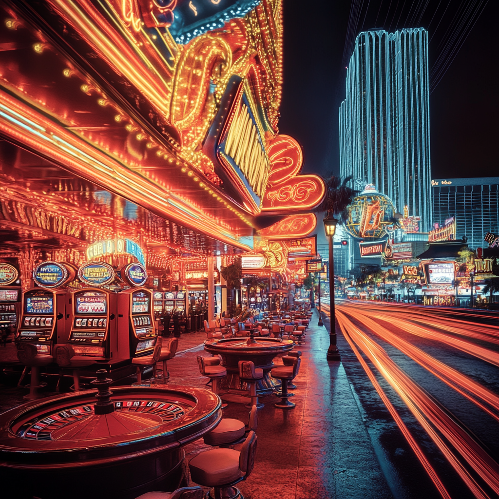 Vibrant Las Vegas night scene with iconic gambling elements.