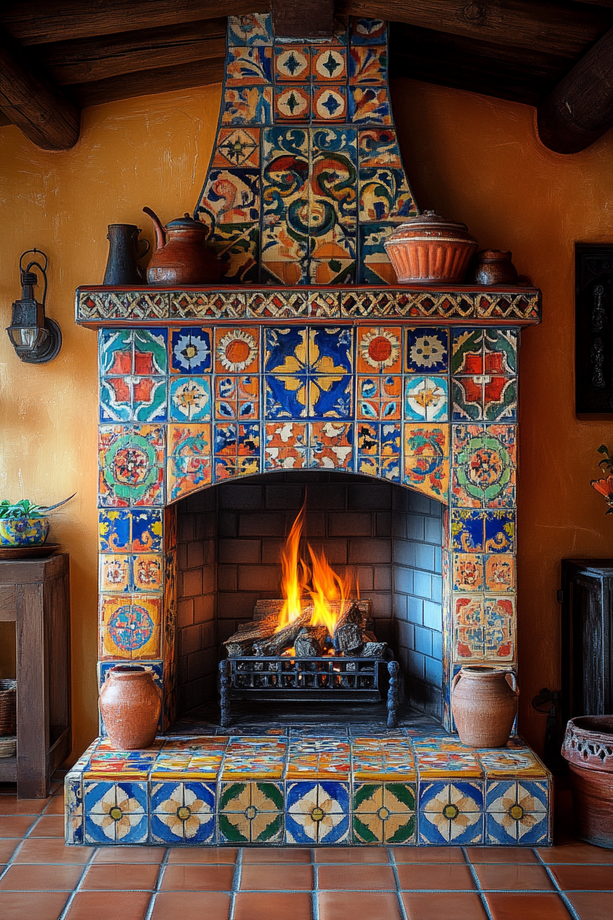 Vibrant Mediterranean tile fireplace in sunlit villa room.