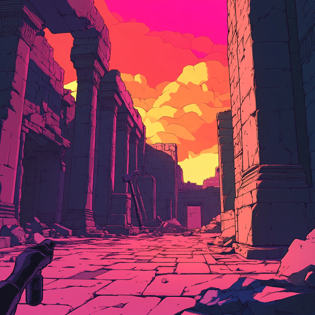 Vibrant Moebius Artstyle in Ancient Ruins Video Game